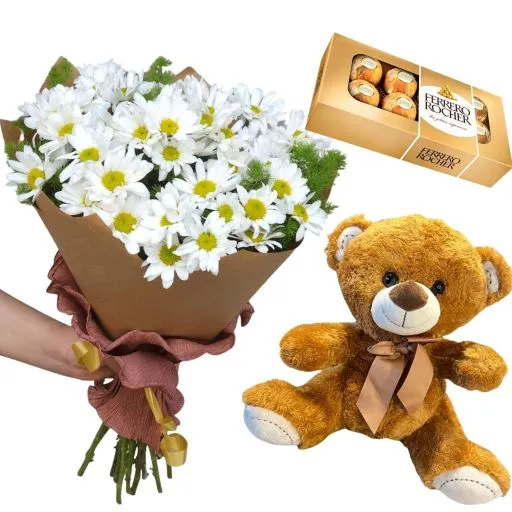 Ramo de flores margaritas blancas con chocolate y peluche